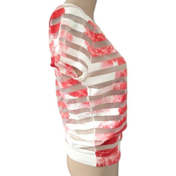 Red White Striped Top Small Mesh Sheer Stripes Tie Dye Lightweight Knit Pullover - Picture 8 of 16